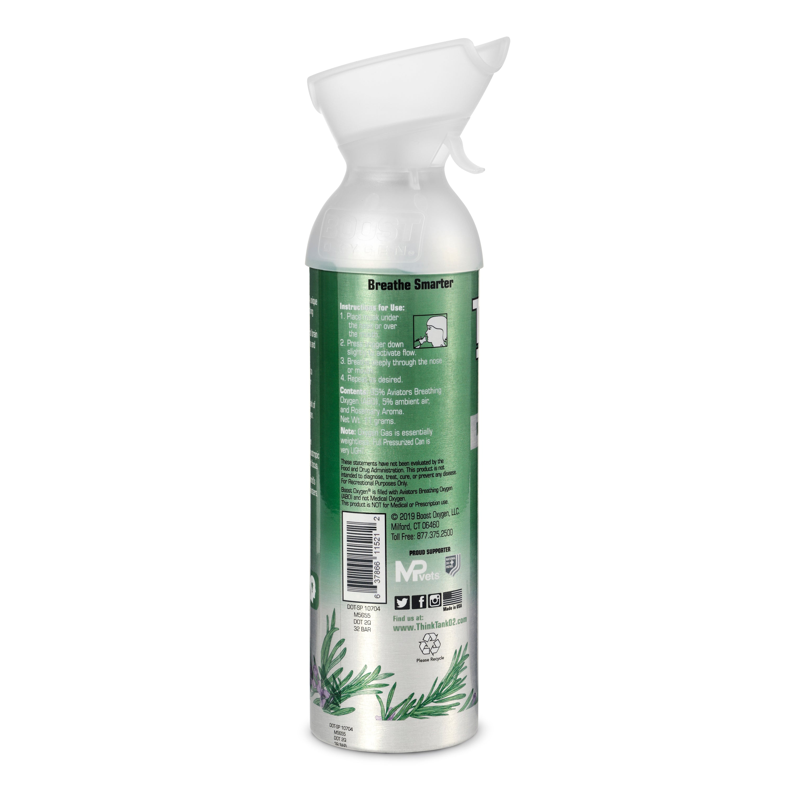 Boost Oxygen Think Tank Natural Portable 10 L Canned Oxygen, Rosemary (2 Pack) - VMInnovations