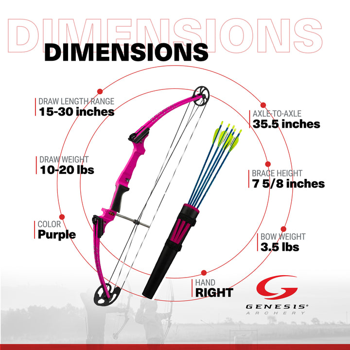 Genesis Archery Compound Bow Adjustable Sizing, Right Handed, Purple (Used)