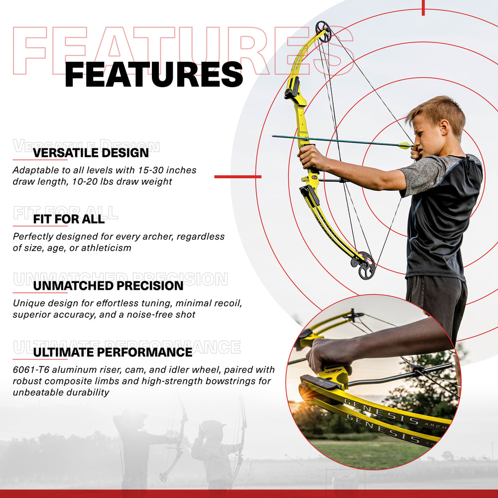 Genesis Original Archery Compound Bow/Arrow Set, Left Handed, Yellow (Open Box) - VMInnovations