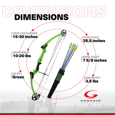 Genesis Original Archery Compound Bow/Arrow Set, Left Handed, Green (Open Box)