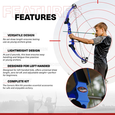 Genesis Archery Mathews Left Hand Mini Youth Bow Archery Kit, Blue (Open Box) - VMInnovations