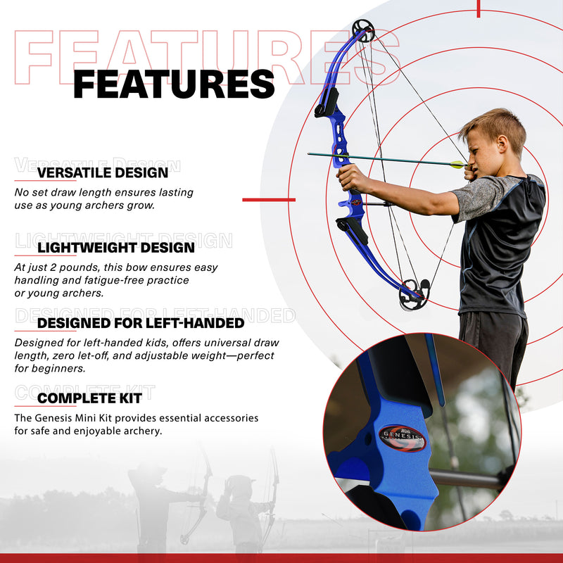 Genesis Mini, Youth Compound Bow & Arrow Kit with Quiver, Draw Hand-Left, Blue