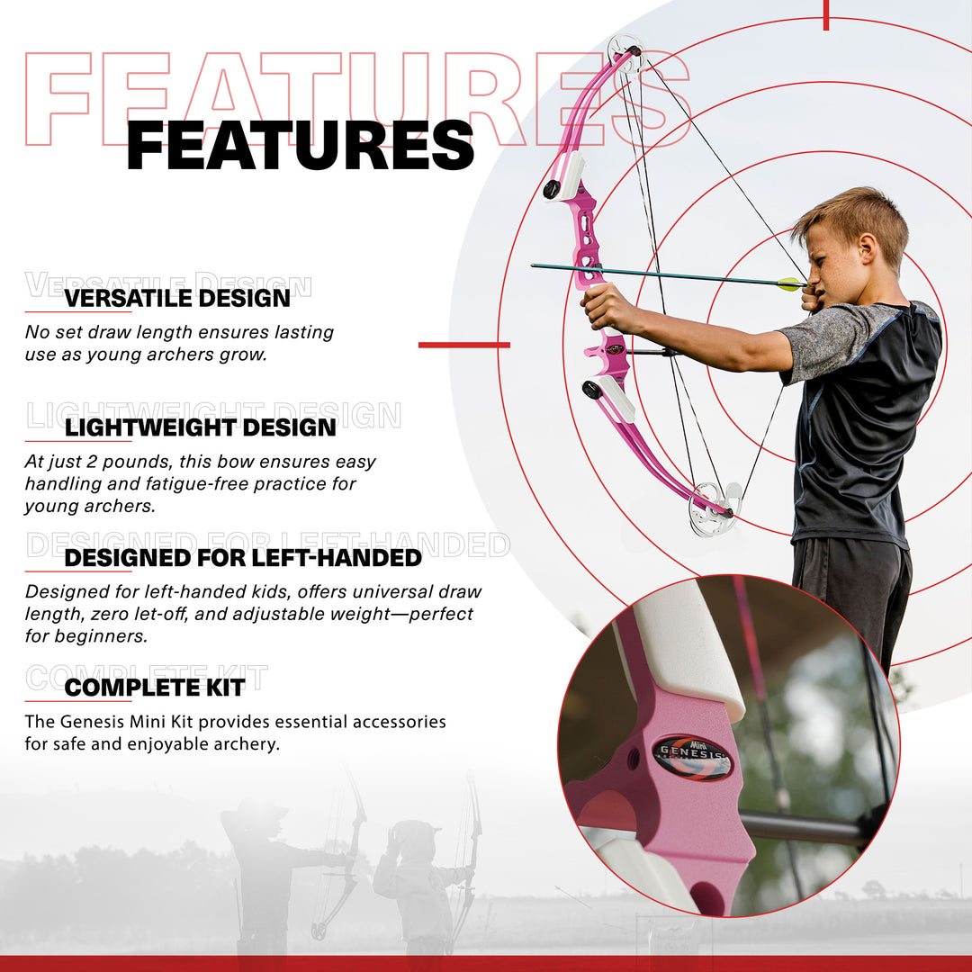 Genesis Mini, Youth Compound Bow and Arrow Kit, Left Handed, Pink (Open Box) - VMInnovations