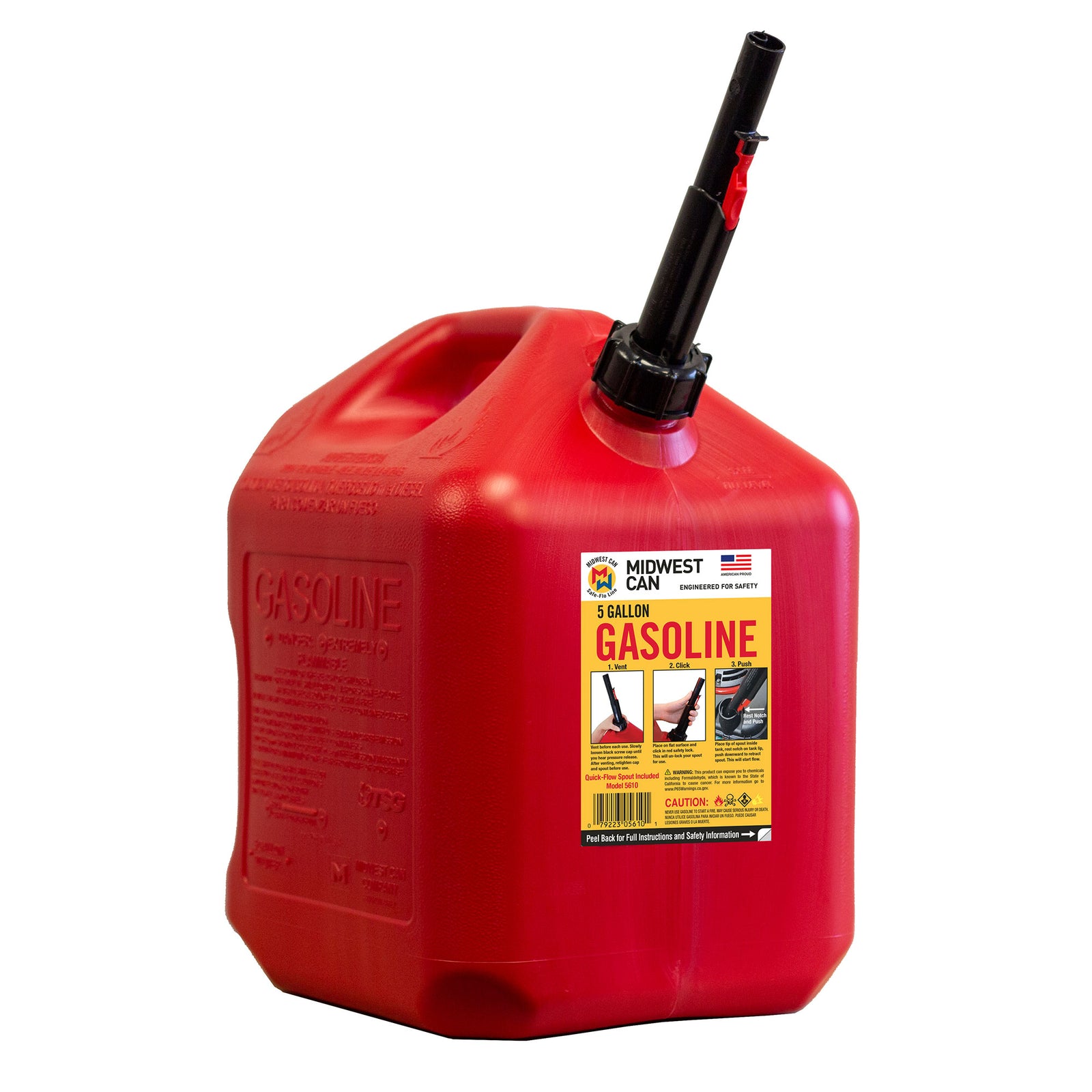 Midwest Can Company 5610 5-Gallon Gas Can Fuel Container Jug w/ Quick-Flow Spout - VMInnovations