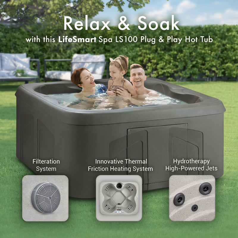 LifeSmart LS100 Taupe 4 Person Plug and Play Square Hot Tub Spa with Black Cover