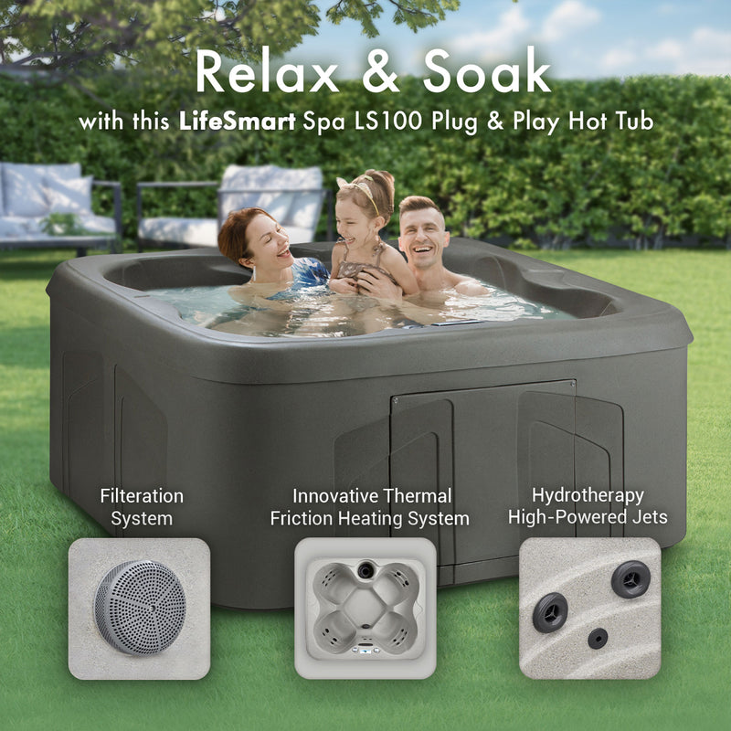 LifeSmart 4 Person Plug and Play Square Hot Tub Spa, Gray (For Parts)