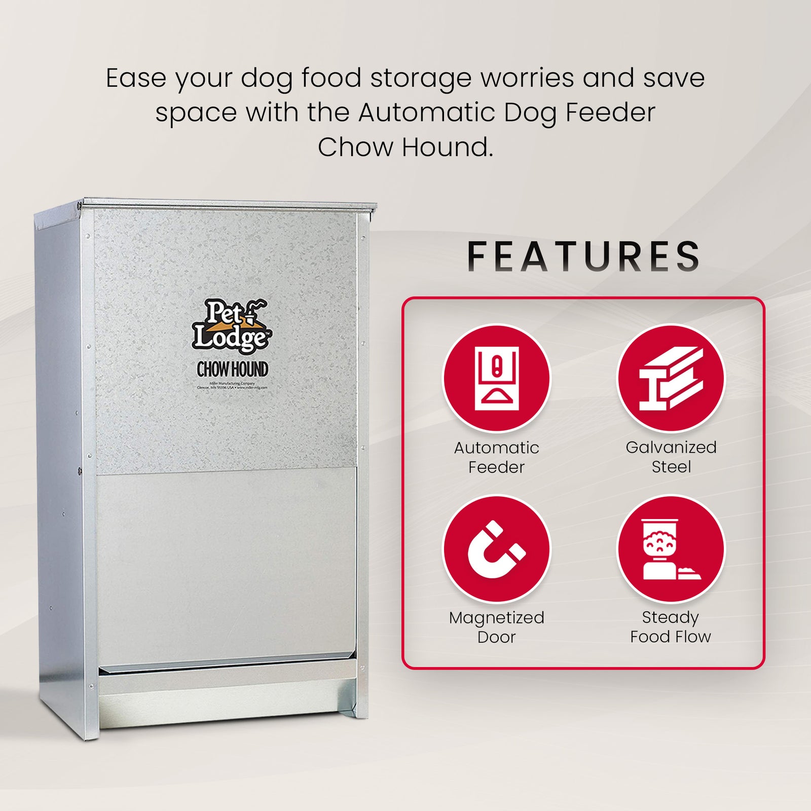 Pet Lodge Dry Food Automatic Steel Dog Feeder Chow Hound w/ 50 Pound Capacity - VMInnovations