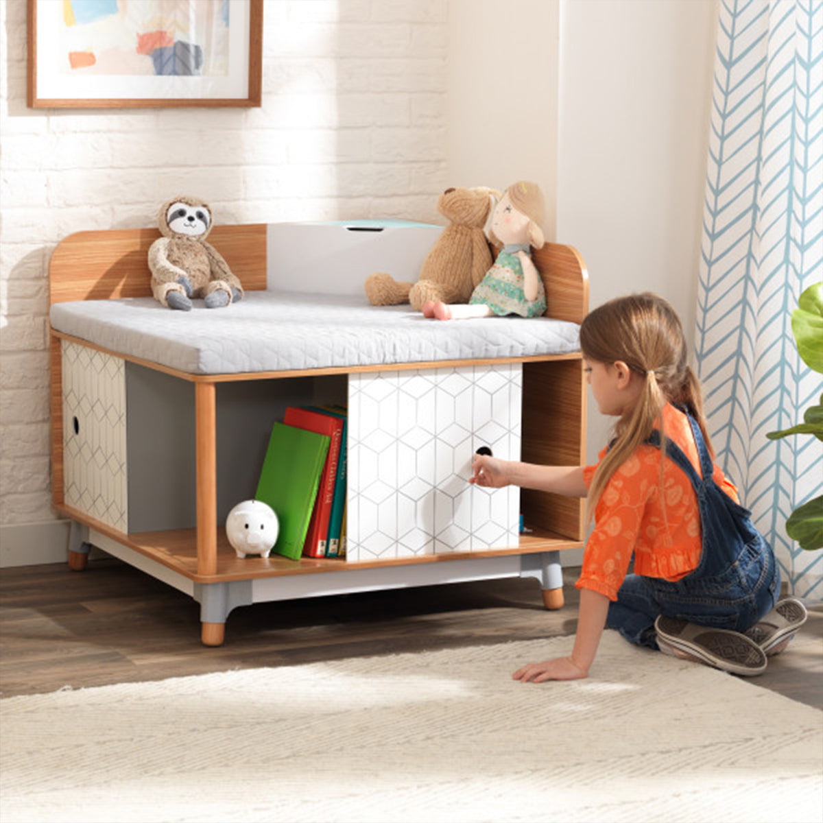 KidKraft 14238 Mid-Century Style Kid Corner Reading Nook, Natural Wood Finish