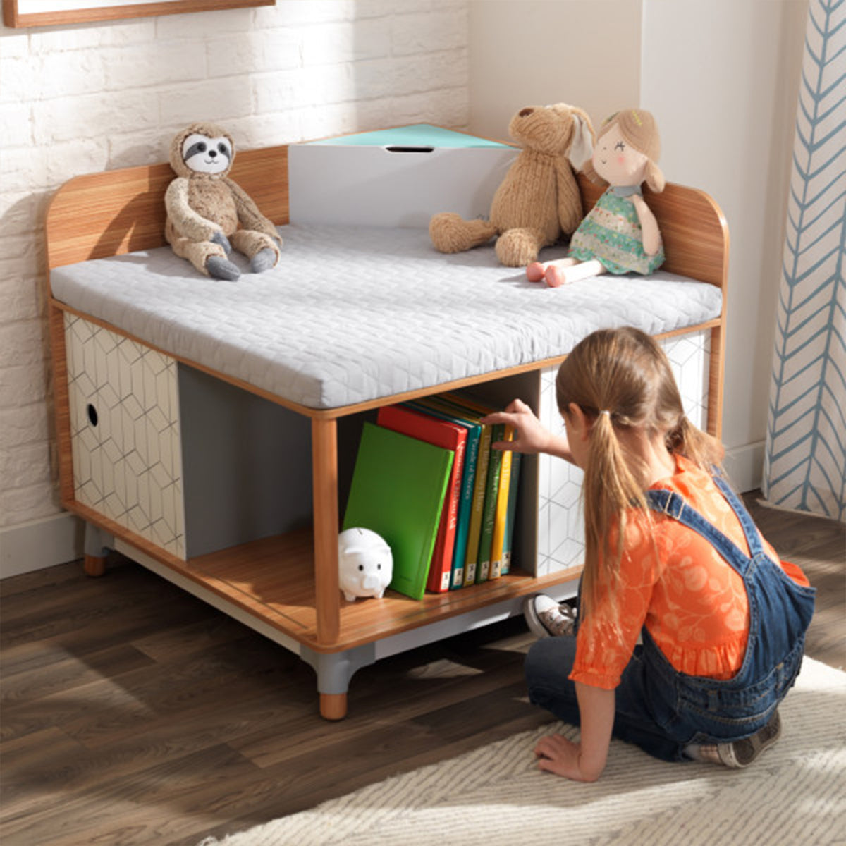KidKraft 14238 Mid-Century Style Kid Corner Reading Nook, Natural Wood Finish