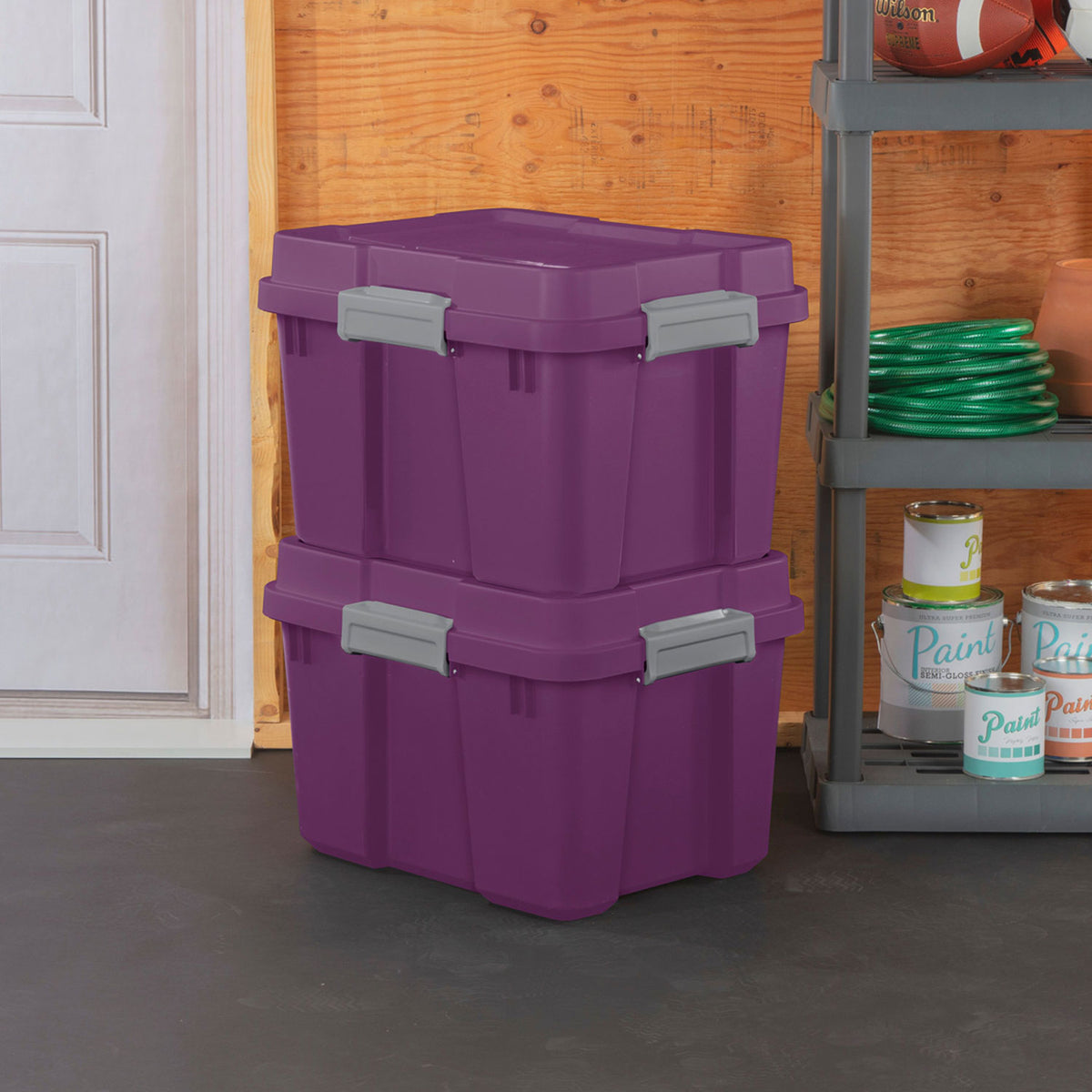 Sterilite 20 Gal Gasket Tote Storage Container Box w/ Lid, Purple/Gray (4 Pack)