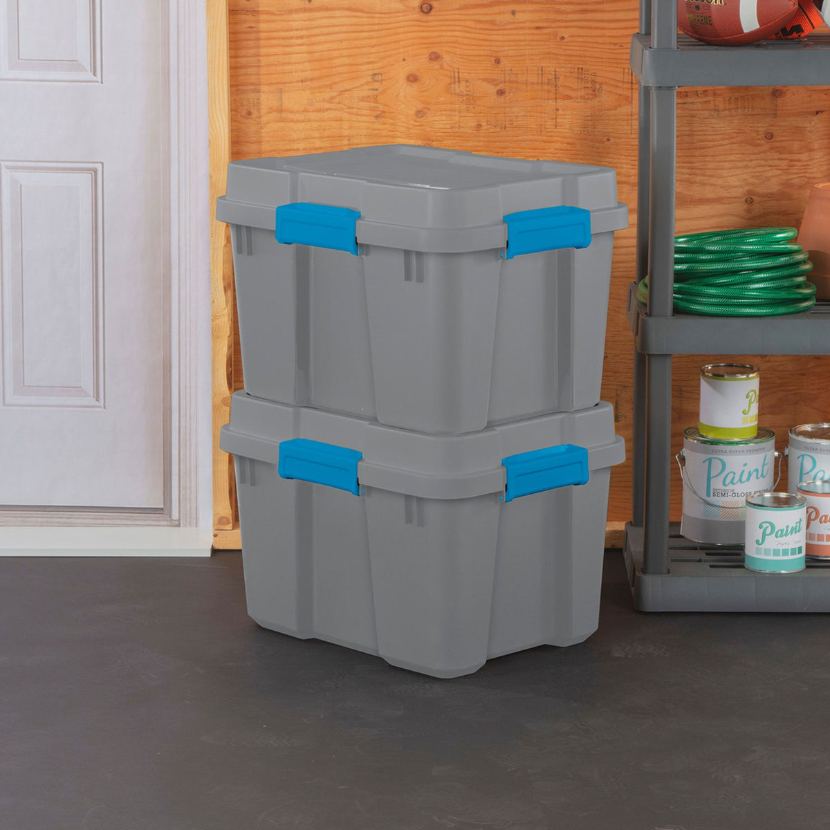 Sterilite 20 Gal Tote Storage Container Box w/ Lid, Titanium Gray/Blue (8 Pack)
