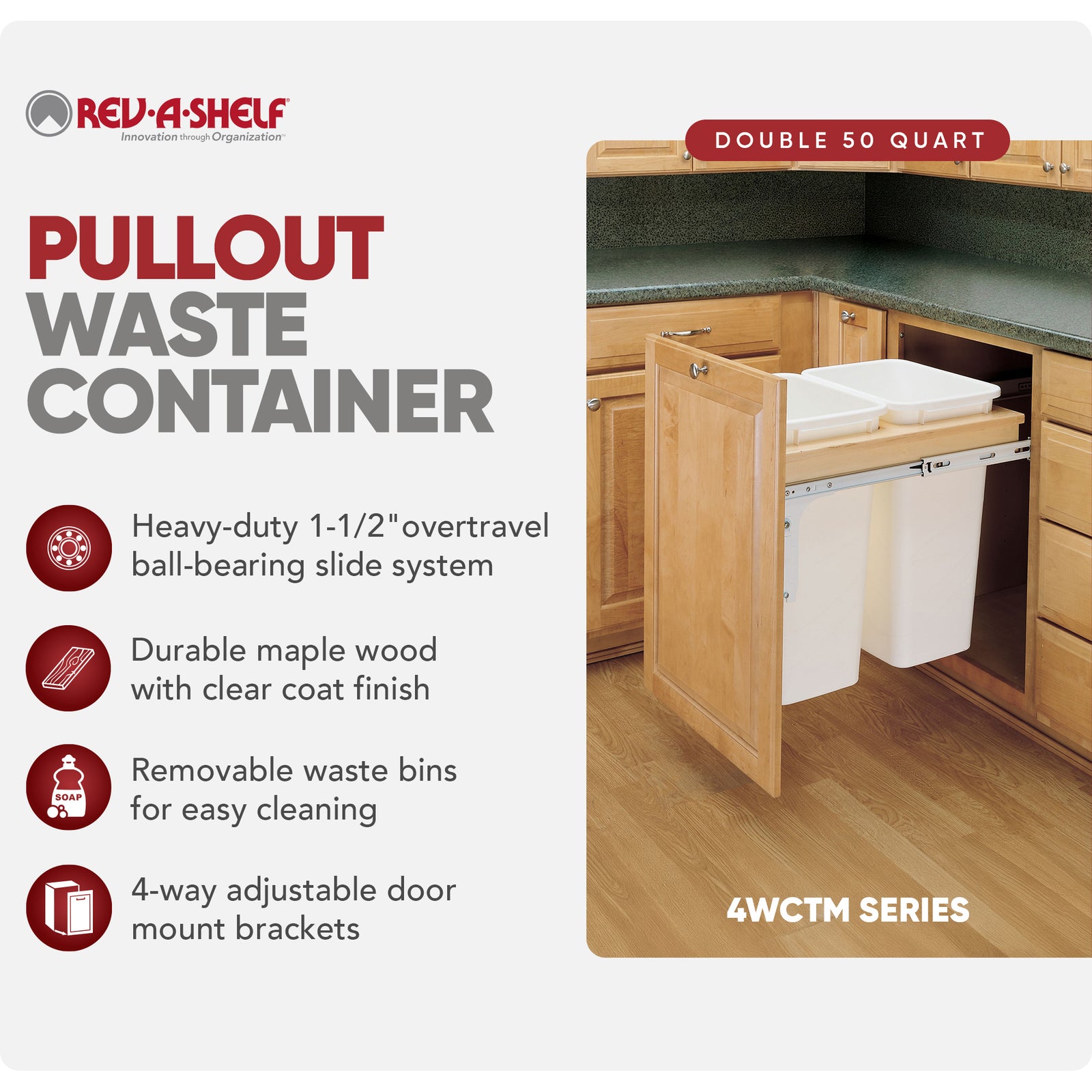 Rev-A-Shelf Pullout Trash Cans, Full-Height Cabinet, 50 qt., 4WCTM-2150DM-2 - VMInnovations