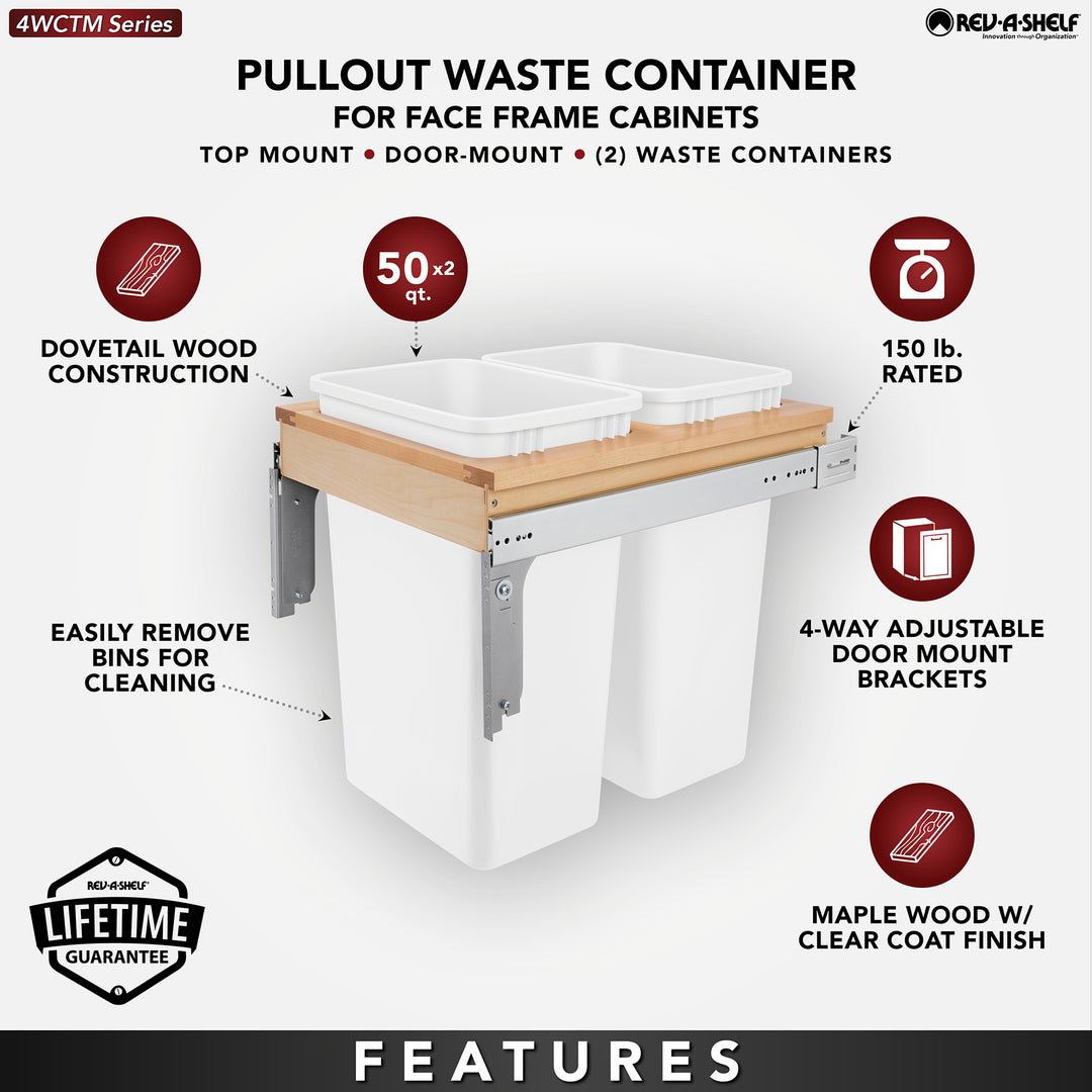 Rev-A-Shelf Double Pullout Top Mount Trash Can 50 qt., White, 4WCTM-2150DM-2