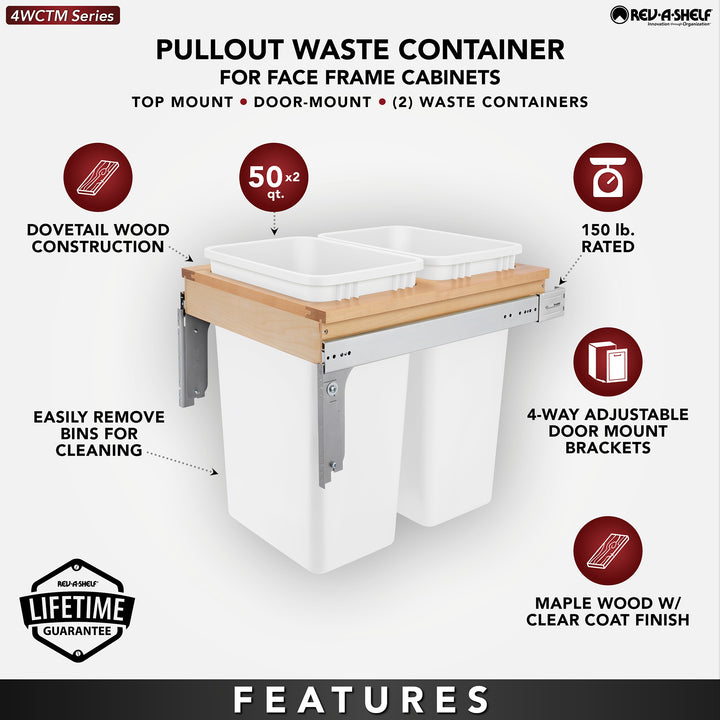 Rev-A-Shelf Double Pullout Top Mount Trash Can 50 qt., White, 4WCTM-2150DM-2