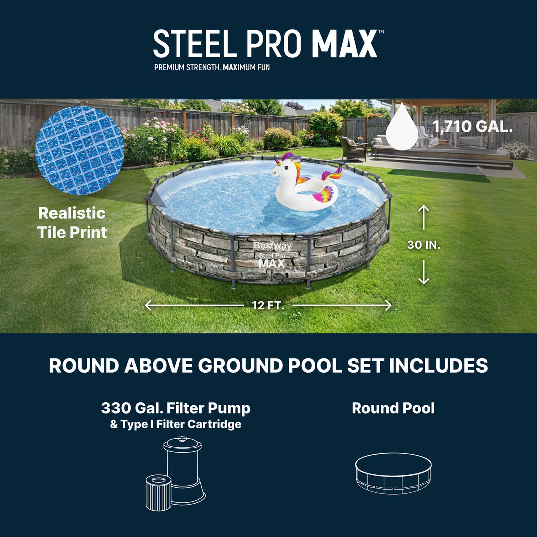 Bestway 56817E 12' x 30" Steel Pro Max Round Above Ground Swimming Pool w/ Pump - VMInnovations