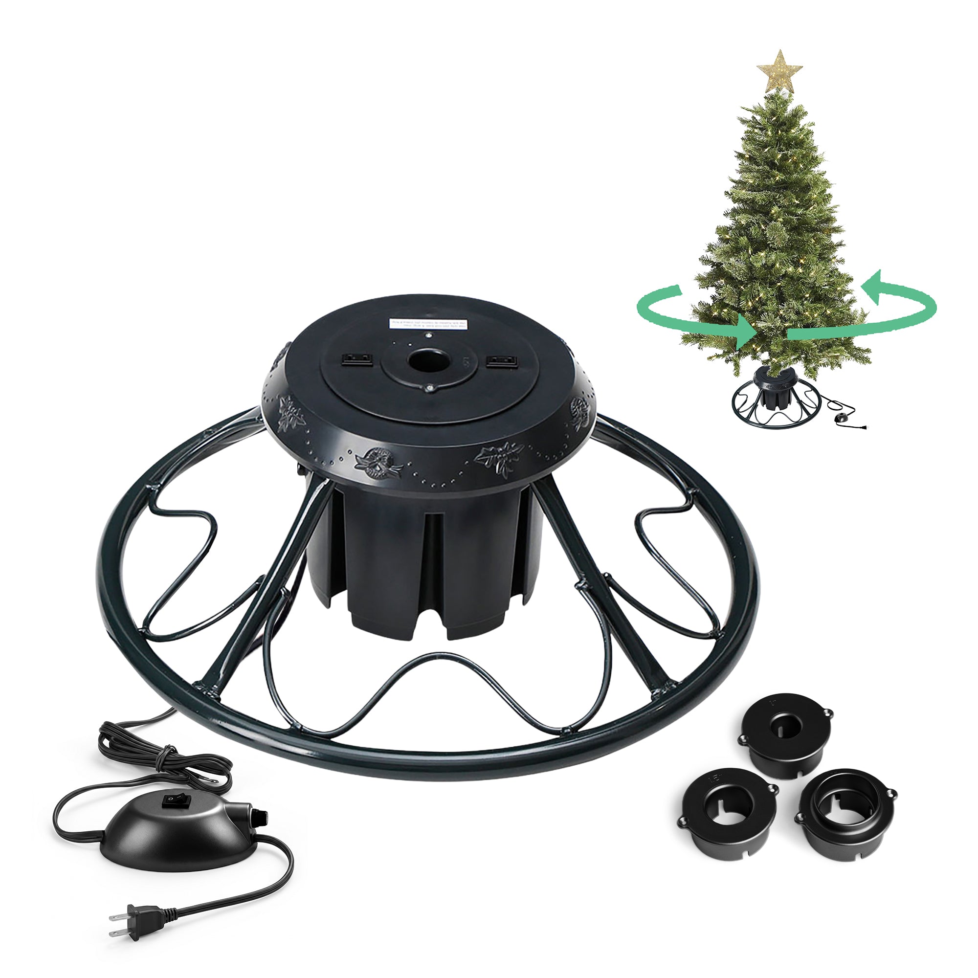 Home Heritage 1-1.75" Artificial Christmas Tree Base Rotating Metal Stand, Black