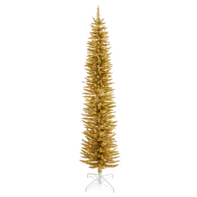 Home Heritage Tinsel 7' Pencil 150 LED Pre-Lit Artificial Christmas Tree, Gold - VMInnovations