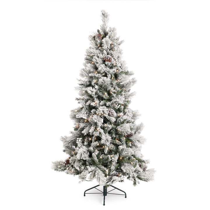 Home Heritage Flocked 7.5 Foot Christmas Tree w/ Lights and Pinecone (Open Box)