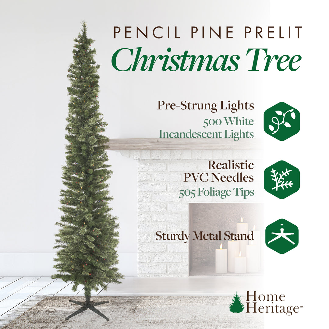 Home Heritage 9 Foot Pre-Lit Stanley Pencil Christmas Tree w/ Stand (Used)