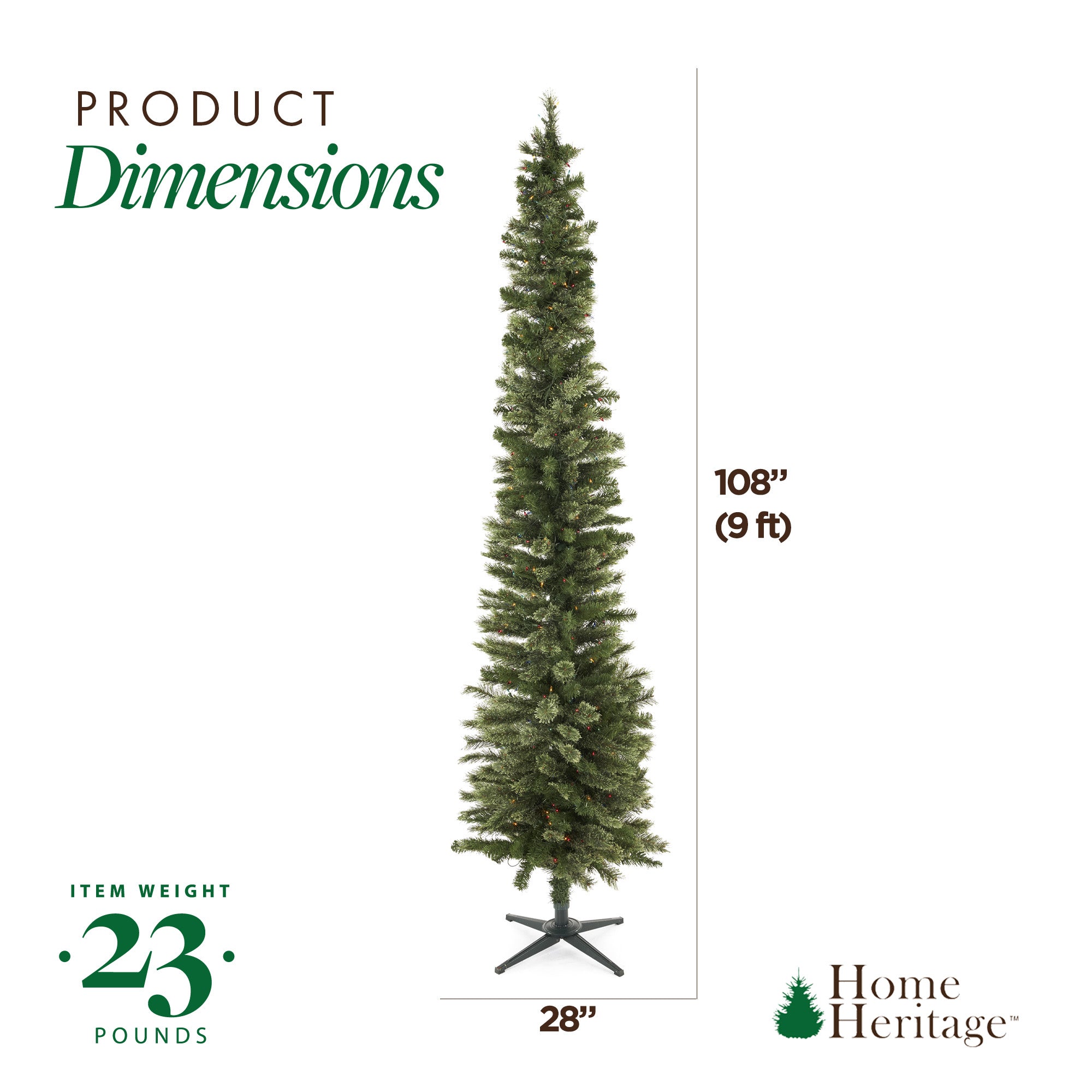 Home Heritage 9 Foot Pre-Lit Artificial Pencil Christmas Tree w/ Stand (Used) - VMInnovations