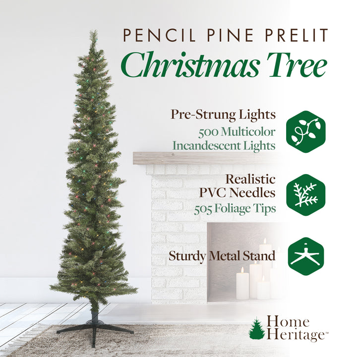 Home Heritage 9 Foot Pre-Lit Artificial Pencil Christmas Tree w/ Stand (Used)