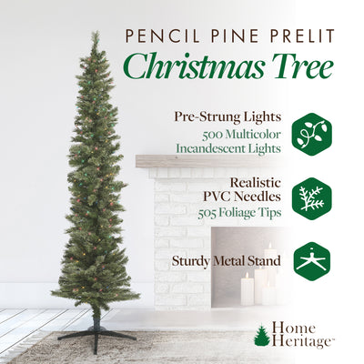 Home Heritage 9 Foot Pre-Lit Artificial Pencil Christmas Tree w/ Stand (Used) - VMInnovations