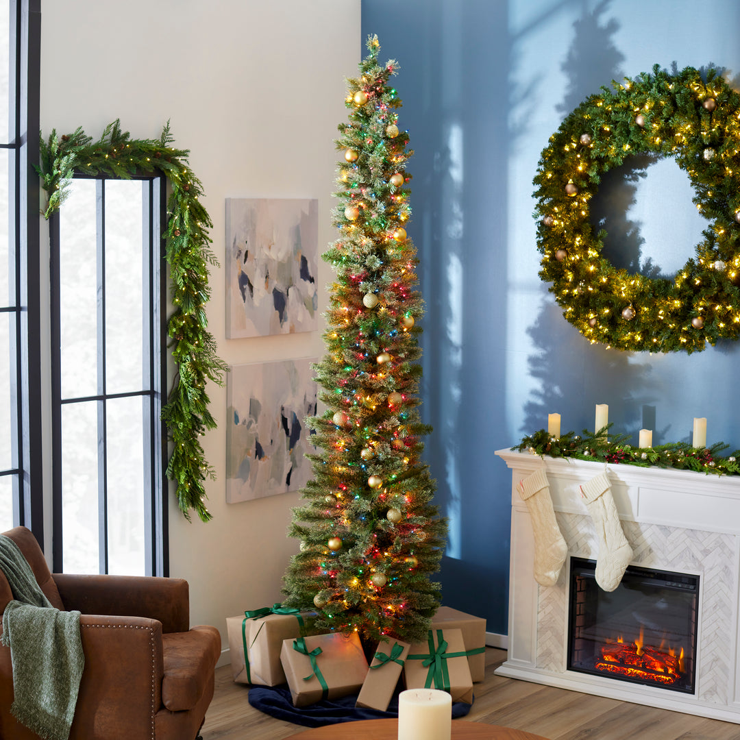 Home Heritage 9 Foot Pre-Lit Artificial Pencil Christmas Tree w/ Stand (Used) - VMInnovations