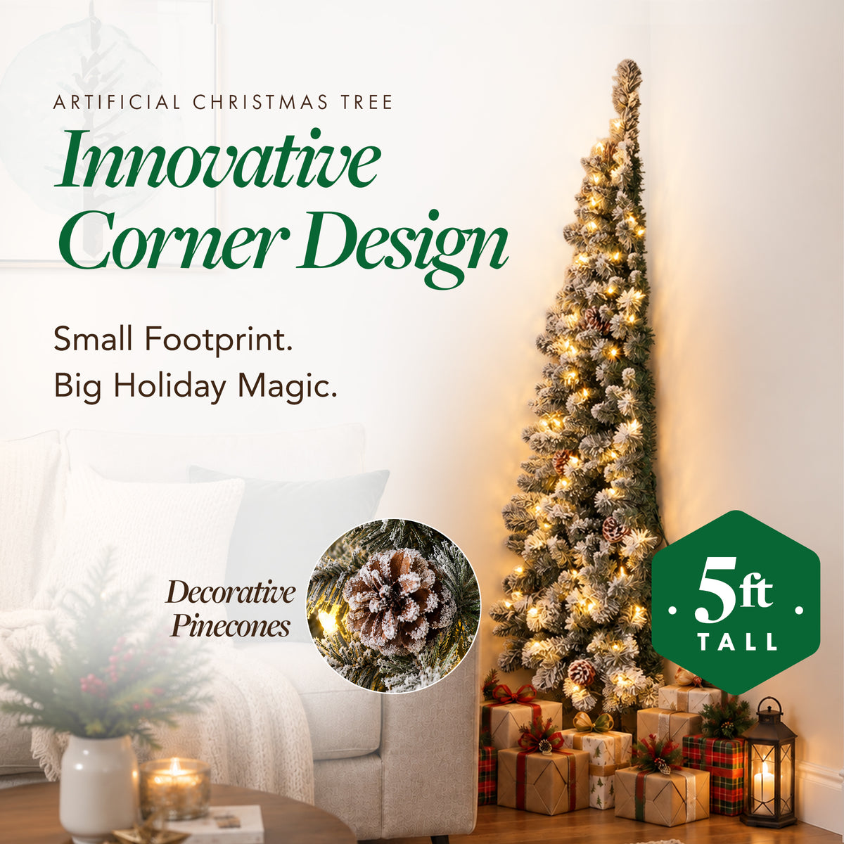 Home Heritage Corner 5' Flocked 100 LED Pre-Lit Artificial Christmas Tree, Green - VMInnovations