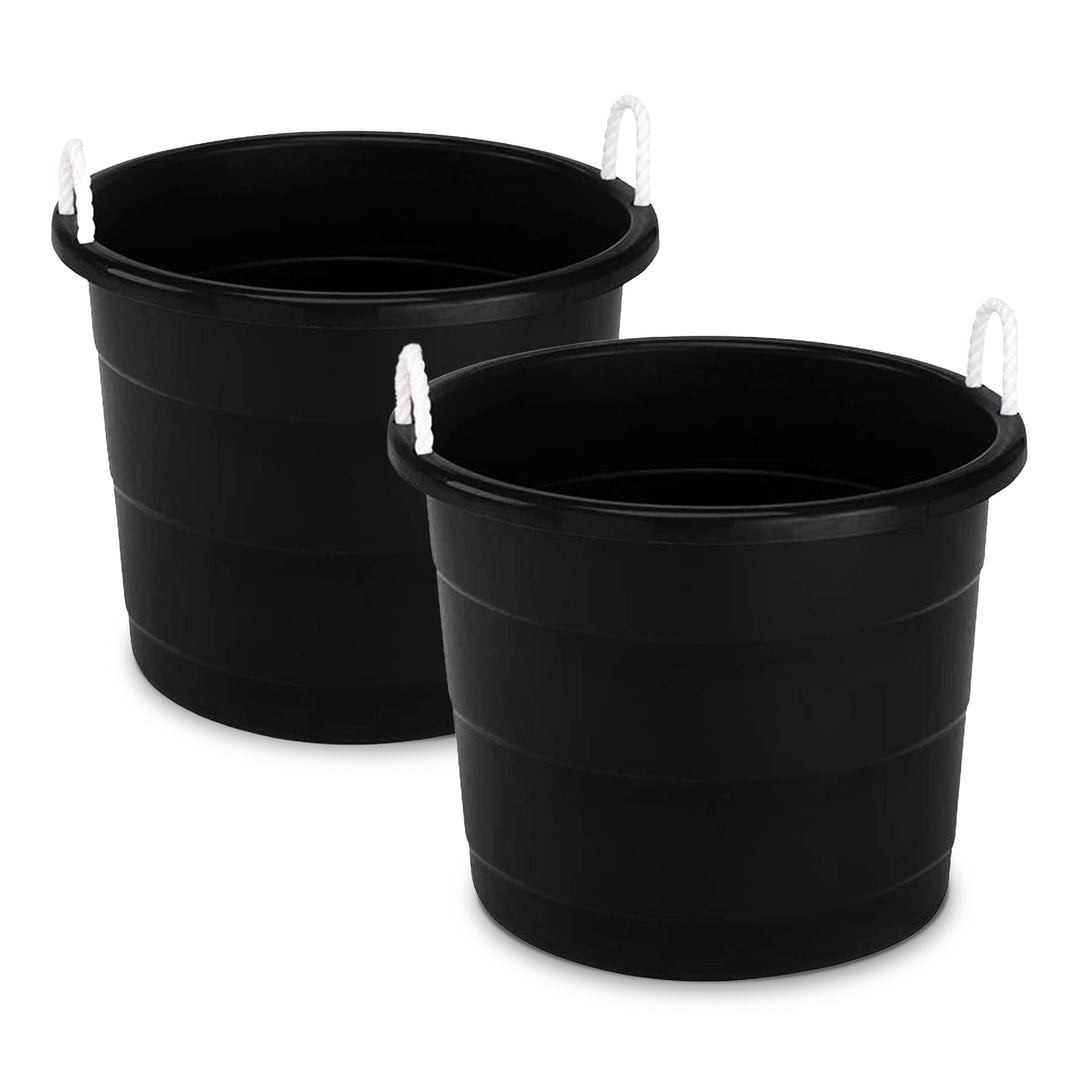 Homz 17 Gal Plastic Open Storage Round Utility Tub with Handles, Black (2 Pack)