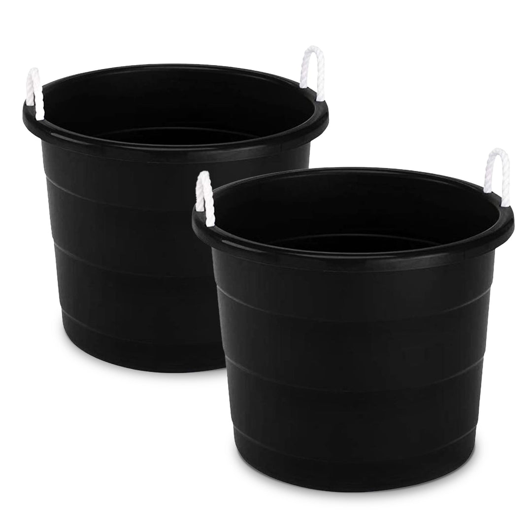 Homz 17 Gal Plastic Open Storage Round Utility Tub with Handles, Black (2 Pack)