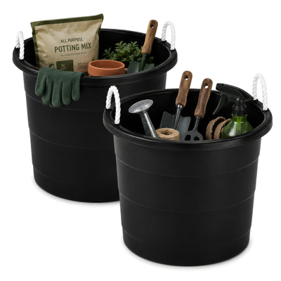 Homz 17 Gal Plastic Open Storage Round Utility Tub with Handles, Black (2 Pack)