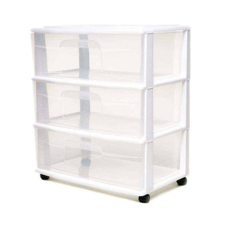 Homz Plastic 3 Clear Drawer Small Rolling Storage Container Tower, White Frame