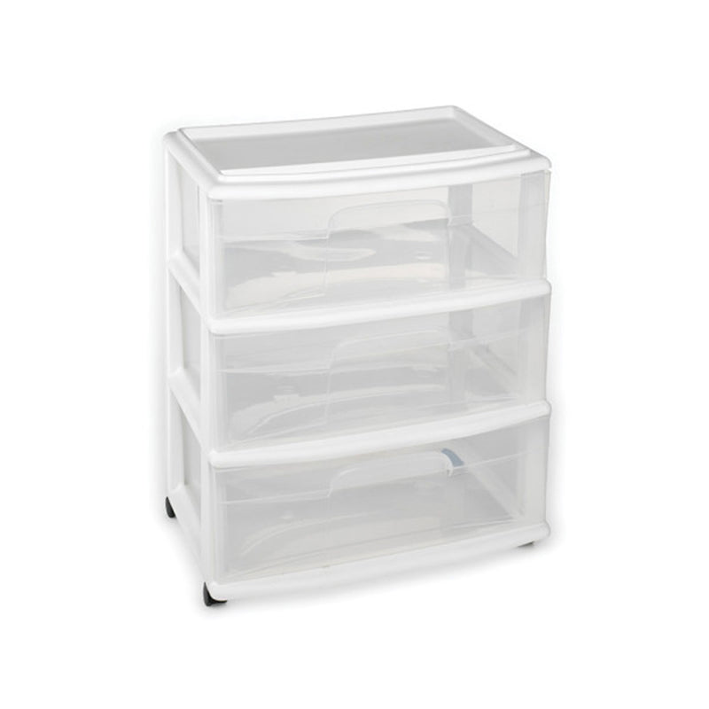 Homz Plastic 3 Clear Drawer Small Rolling Storage Container Tower, White Frame