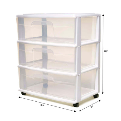 Homz Plastic 3 Clear Drawer Small Rolling Storage Container Tower, White, 2 Pack