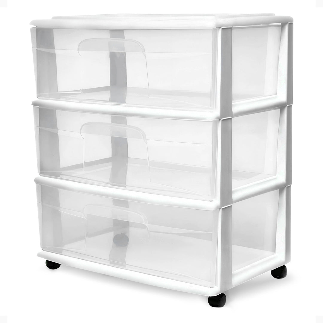 Homz Plastic 3 Clear Drawer Small Rolling Storage Container Tower, White Frame