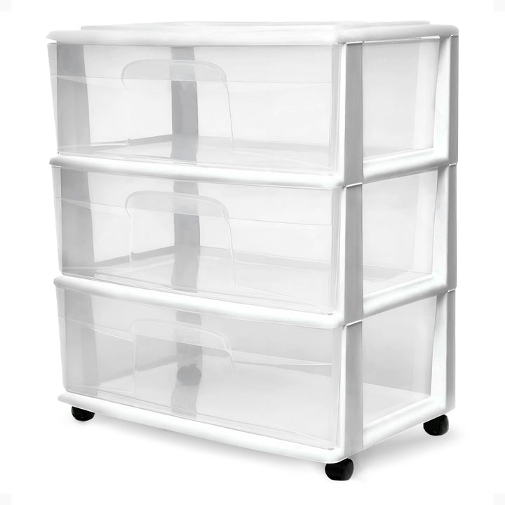 Homz Plastic 3 Clear Drawer Small Rolling Storage Container Tower, White Frame