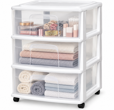 Homz Plastic 3 Clear Drawer Small Rolling Storage Container Tower, White Frame