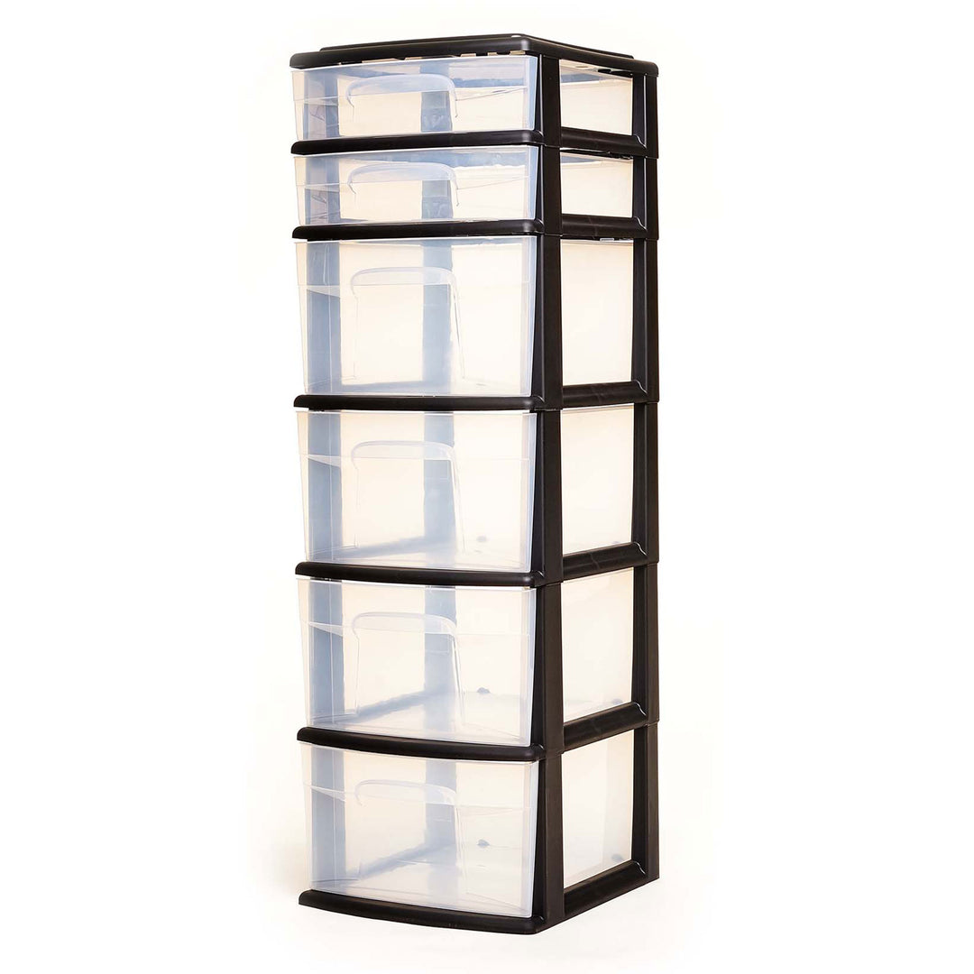 Homz Plastic 6 Clear Drawer Home Storage Container Tower, Black/Clear (2 Pack)