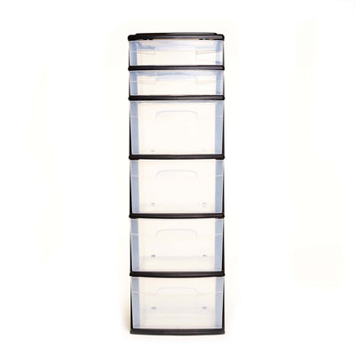 Homz Plastic 6 Clear Drawer Home Storage Container Tower, Black/Clear (2 Pack)