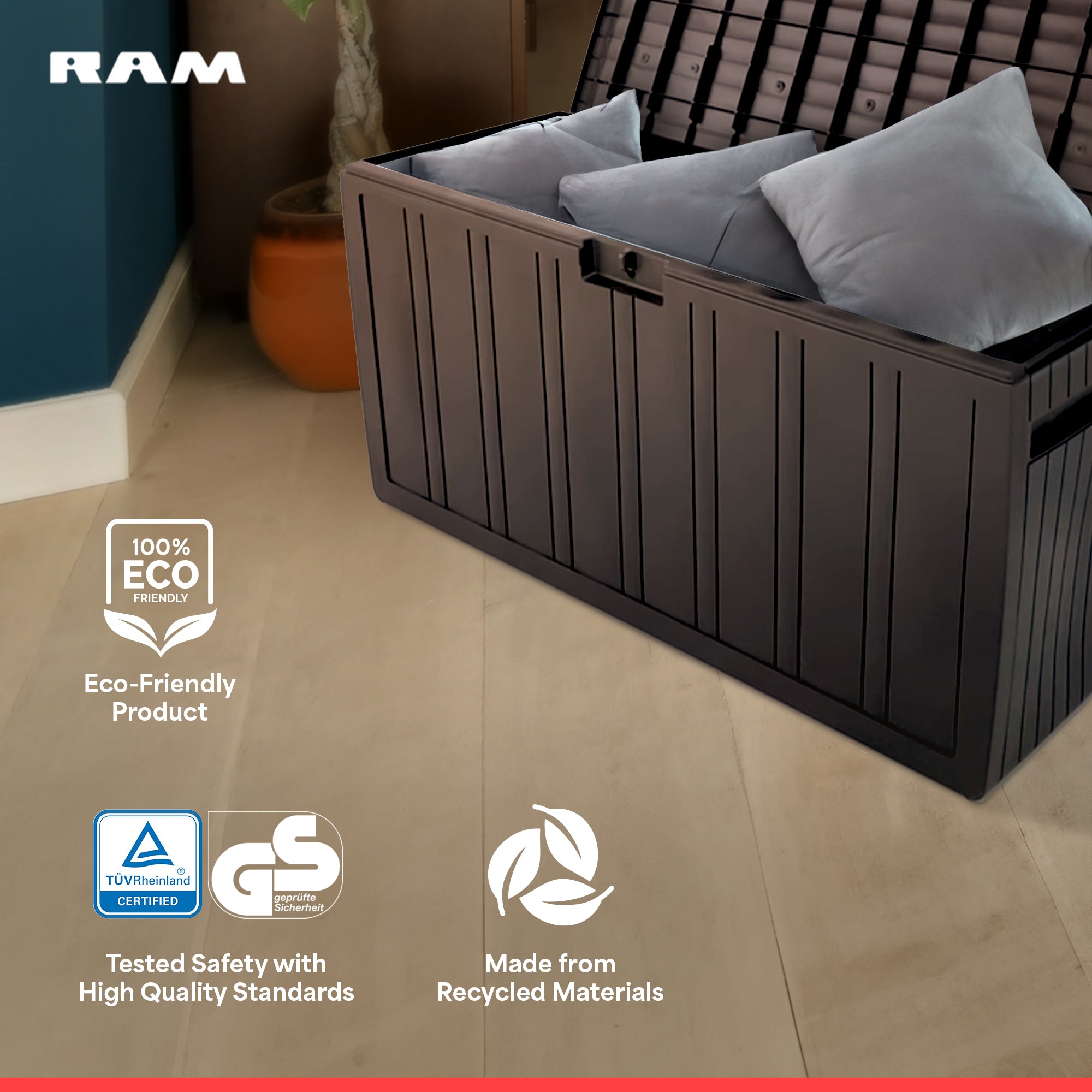 Ram Quality Products Outdoor Backyard Patio Storage Deck Box, 71 Gallon, Brown - VMInnovations
