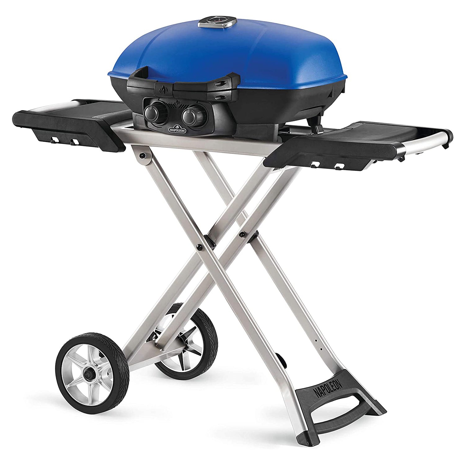 Napoleon TravelQ 285X Portable Propane Gas Grill w/ Scissor Cart & Griddle, Blue