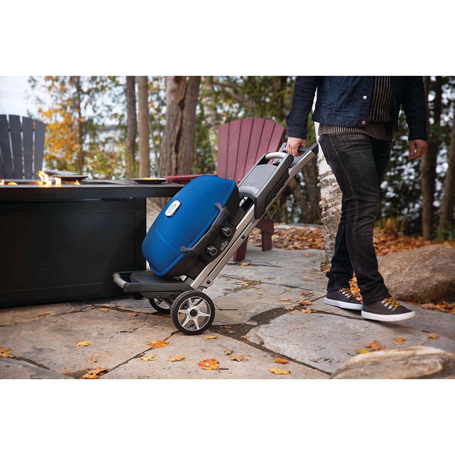Napoleon TravelQ 285X Portable Propane Gas Grill w/ Scissor Cart & Griddle, Blue