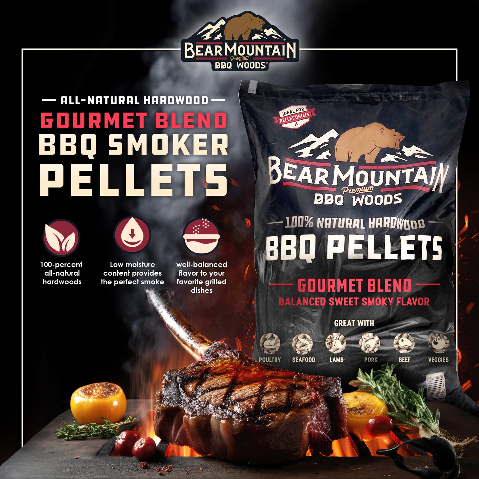 Bear Mountain BBQ FB99 All-Natural Hardwood Gourmet Blend Smoker Pellets, 40 lbs - VMInnovations