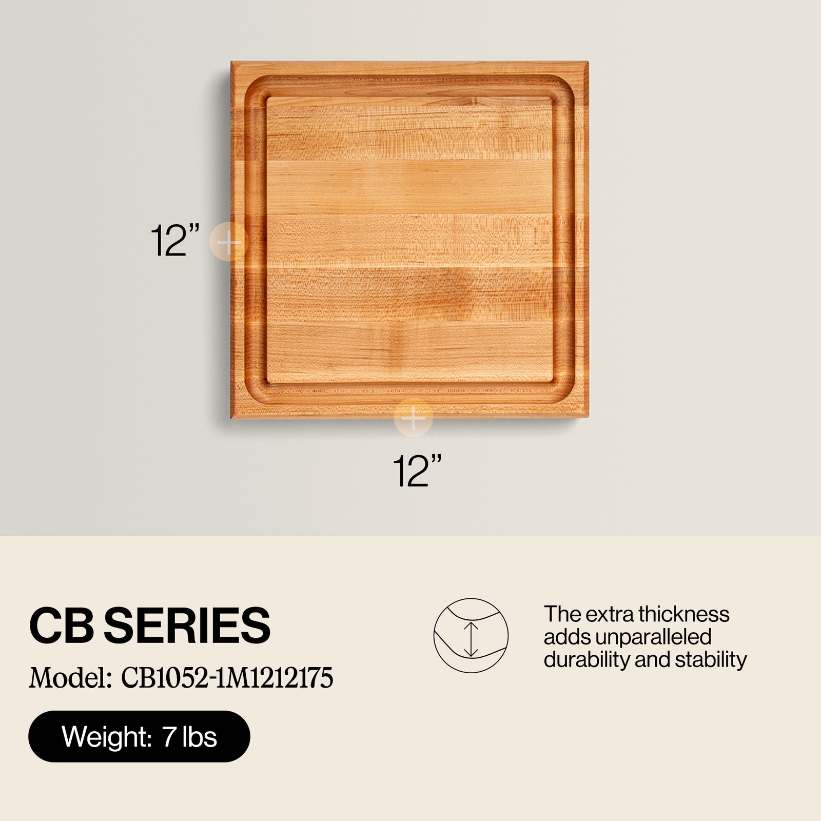 John Boos Square Maple Wood Cutting Board with Juice Groove, 12" x 12" x 1.5" - VMInnovations