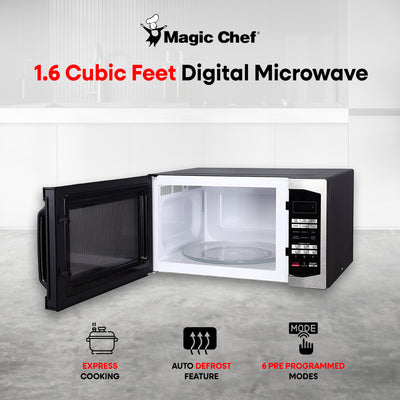 Magic Chef 1100 Watt 1.6 Cubic Feet Digital Microwave, Stainless Steel (Used)