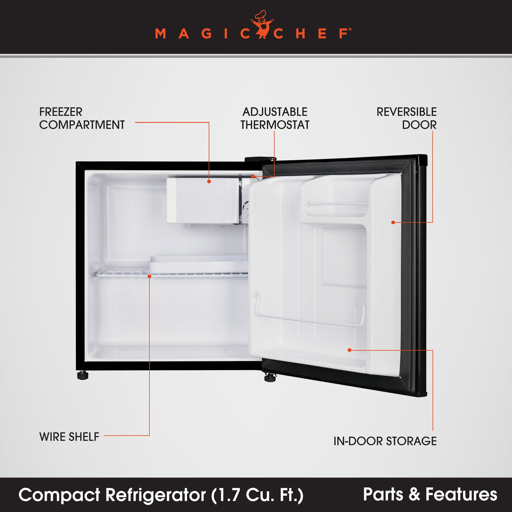 Magic Chef MCR170BE Mini Refrigerator with Freezer Shelf, 1.7 Cubic Feet, Black - VMInnovations