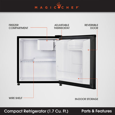 Magic Chef MCR170BE Mini Refrigerator with Freezer Shelf, 1.7 Cubic Feet, Black - VMInnovations