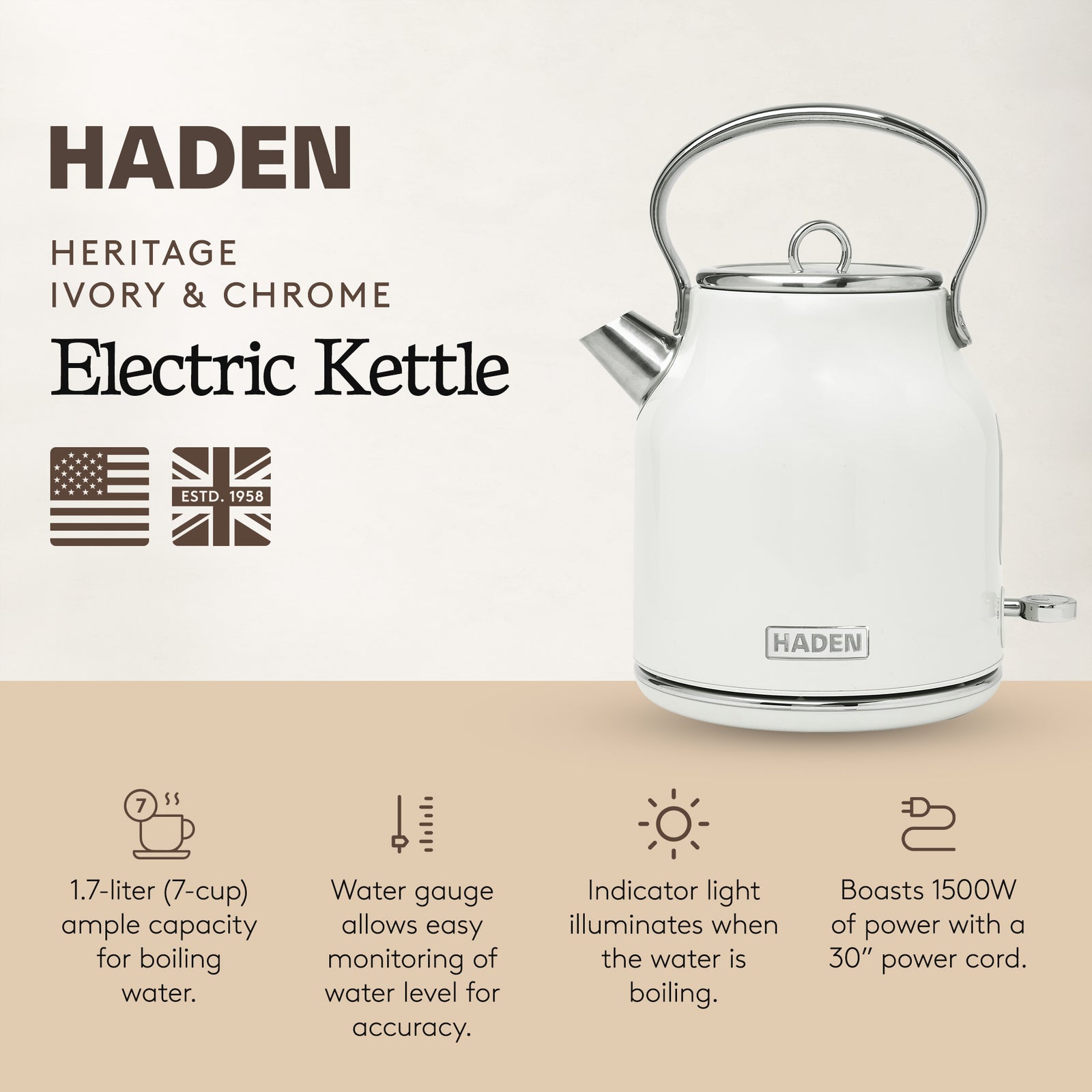 Haden Heritage 1.7 Liter Stainless Steel Retro Electric Tea Kettle (Open Box) - VMInnovations
