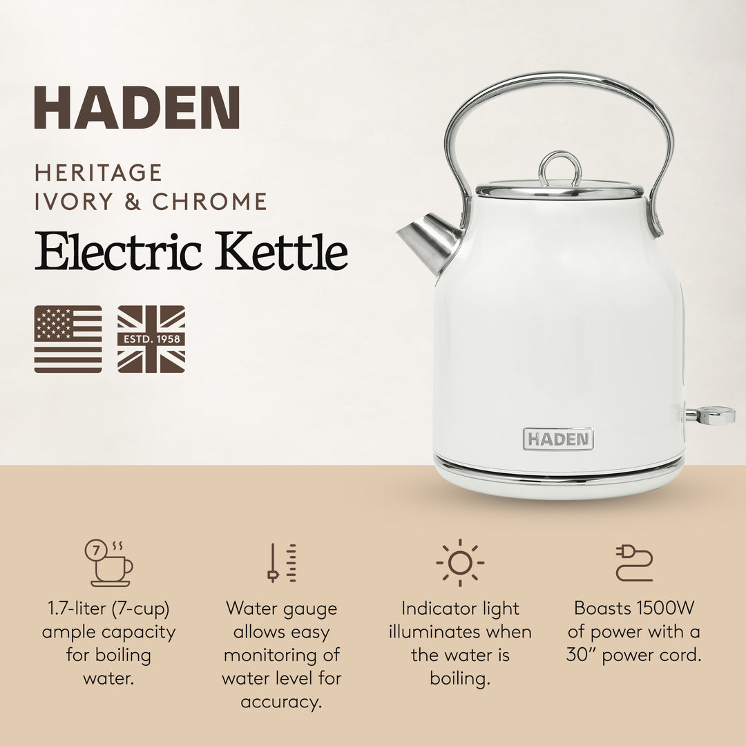 Haden 1.7 Liter Stainless Steel Body Retro Electric Tea Kettle, White (Open Box)