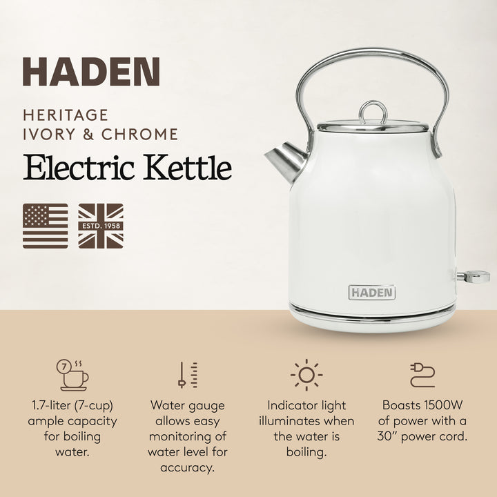 Haden 1.7 Liter Stainless Steel Body Retro Electric Tea Kettle, White (Open Box)